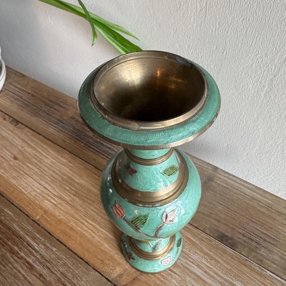 Vintage Solid Brass Cloisonne Floral Vase - Approximately 9 3/4" Tall - Picture 2 of 5